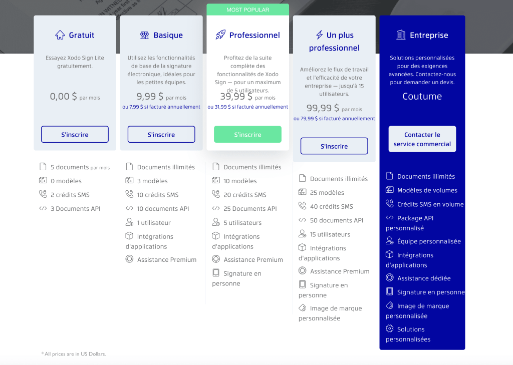 Les prix de Xodo Sign (Eversign)